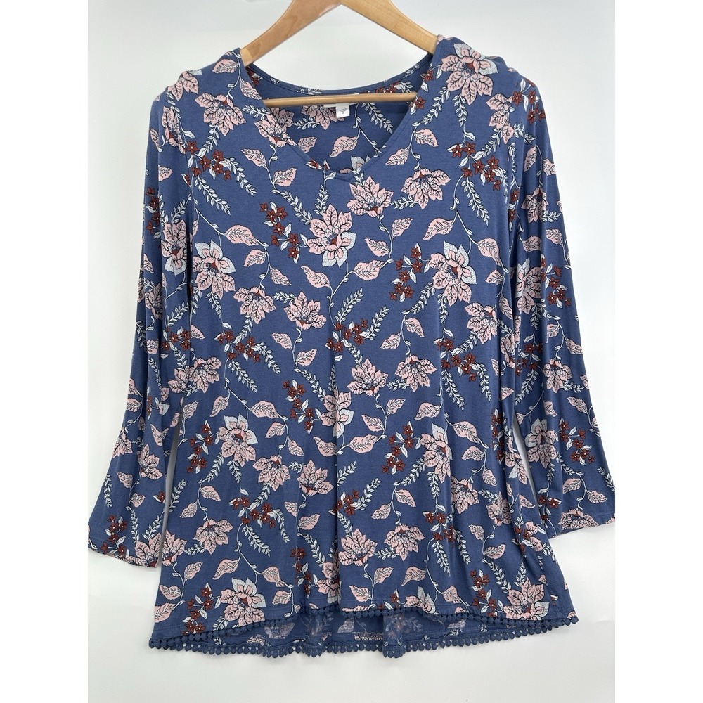 J.Jill V-Neck Hi-Lo Trapeze Top T-Shirt Tee Blue Pink Gray Maroon Floral M‎